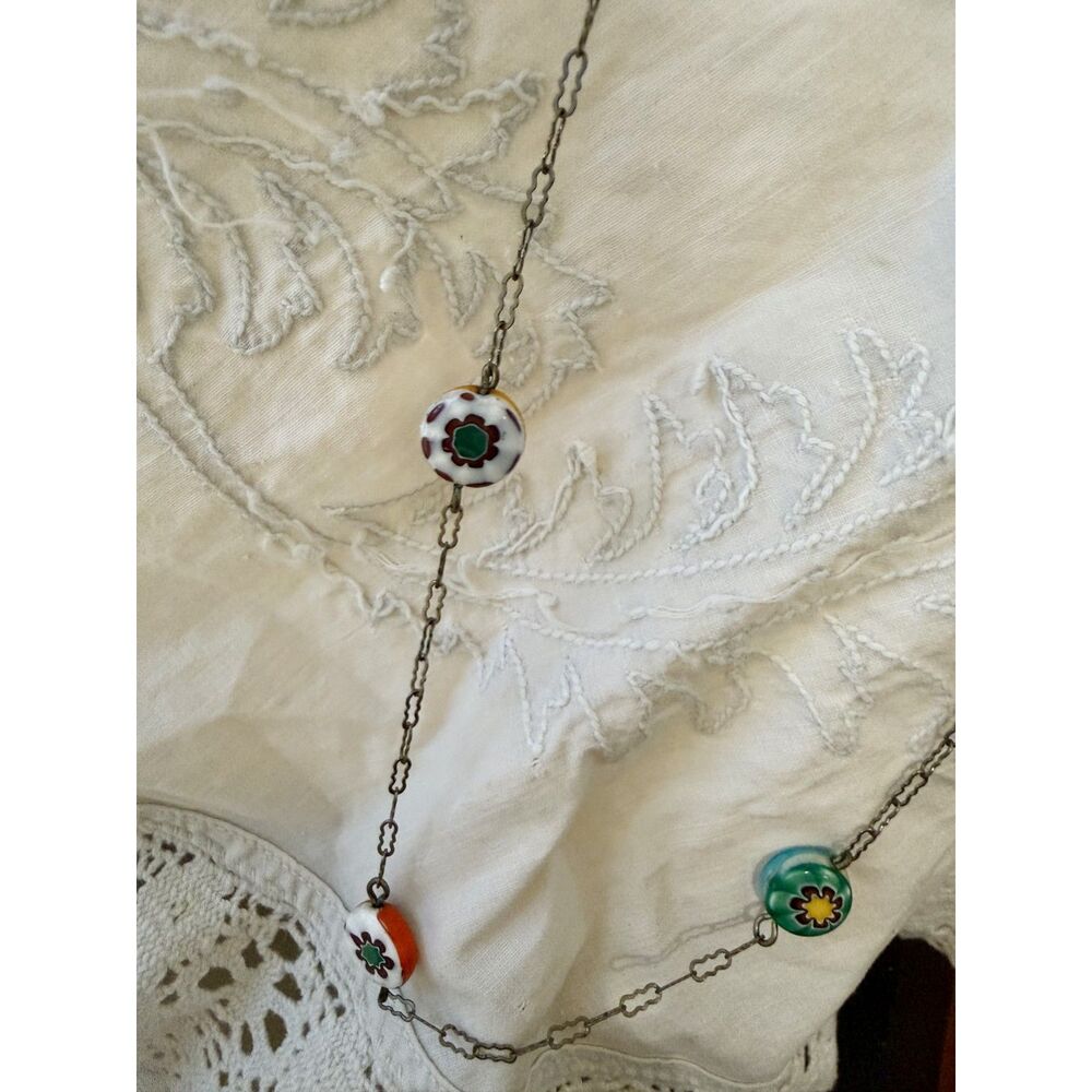 Vintage Art Deco Murano Glass Station Necklace, Venetian Millefiori Link Chain